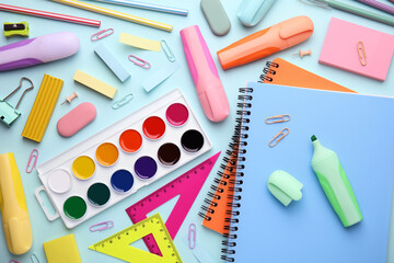 Different school stationery on light background, flat lay. Back to school