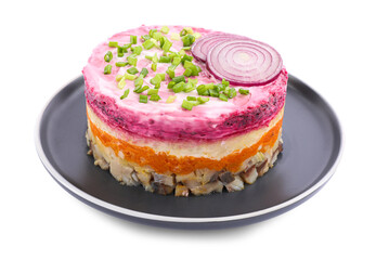 Herring under fur coat salad isolated on white. Traditional Russian dish