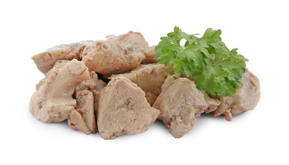 Tasty cod liver with parsley on white background