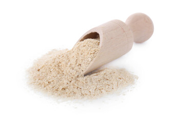 Brewer's yeast flakes and scoop isolated on white