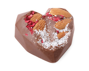 Tasty chocolate heart shaped candy with nuts on white background
