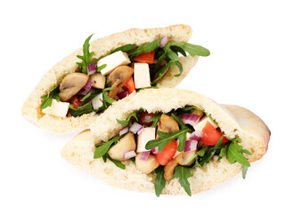 Delicious pita sandwiches with cheese, mushrooms tomatoes and arugula isolated on white