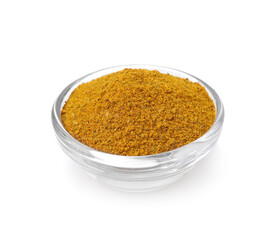 Glass bowl with curry powder isolated on white