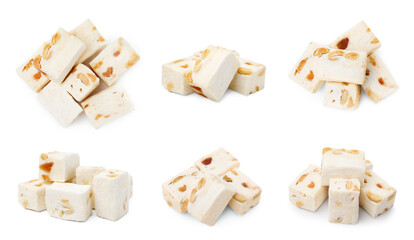 Piles of delicious nougat with peanuts on white background, collage design
