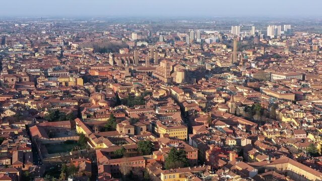 Aerial video zoom of Bologna city center at sunset, Emilia Romagna, Italy