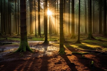 Sunrays shining through the trees in a forest, created with Generative AI technology