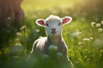 Fototapeta premium A beautiful lamb on the grass - sheep - EID AL ADHA - GENERATIVE AI