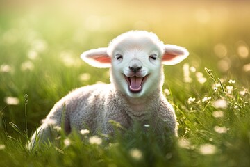 Obraz premium A beautiful lamb on the grass - sheep - EID AL ADHA - GENERATIVE AI