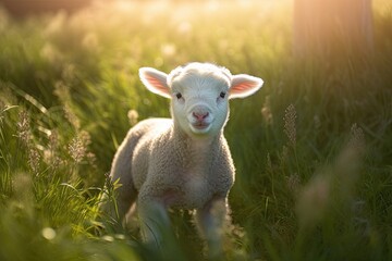 Obraz premium A beautiful lamb on the grass - sheep - EID AL ADHA - GENERATIVE AI