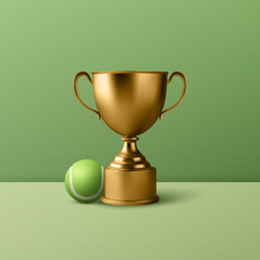Vector 3d Realistic Blank Golden Champion Cup Icon with Tennis Ball Set Closeup on Green Background. Design Template of Championship Trophy. Sport Tournament Award, Gold Winner Cup and Victory Concept
