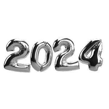 3D Illustration Render Silver Balloons Happy New Year 2024