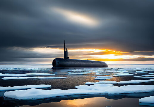 Surfaced submarine in icy artic water at sunset, created with Generative AI technology