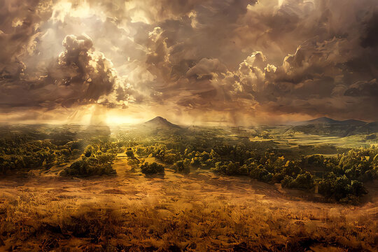 Golden Sunset Over Beautiful Nature Setting, created with Generative AI technology