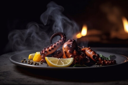 Grilled octopus on a plate. Grilled seafood. Generative AI.