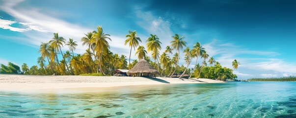 Wide-angle view of a beautiful tropical island with palm trees, created with Generative AI technology