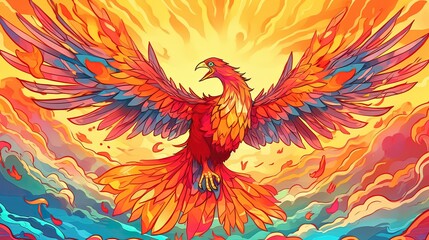 Obraz premium A cartoon phoenix flying through the sky. Fantasy concept , Illustration painting. Generative AI