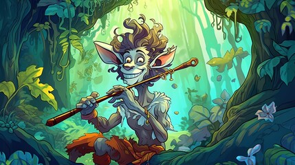 A cartoon satyr playing a flute in a clearing. Fantasy concept , Illustration painting. Generative AI - obrazy, fototapety, plakaty