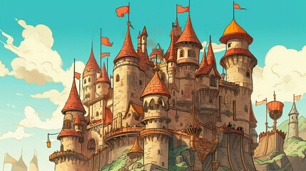 A castle with turrets and flags. Fantasy concept , Illustration painting. Generative AI