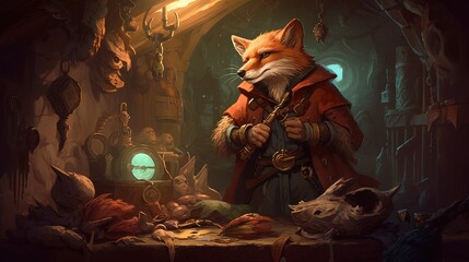 A cunning rogue and his sly fox familiar on a dangerous heist to steal a priceless gem from a treacherous dragon hoard. Fantasy concept , Illustration painting. Generative AI