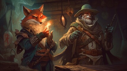 Fototapeta na wymiar A cunning rogue and his sly fox familiar on a dangerous heist to steal a priceless gem from a treacherous dragon hoard. Fantasy concept , Illustration painting. Generative AI