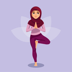 Muslim girl wearing hijab practice yoga. Flat vector cartoon illustration	