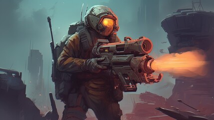 A cyborg with a built-in rocket launcher. Fantasy concept , Illustration painting. Generative AI