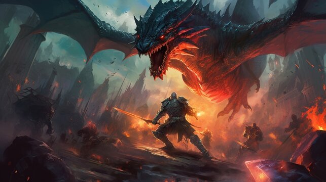A dark-fantasy battlefield with knights in armor and a dragon attacking. Fantasy concept , Illustration painting. Generative AI