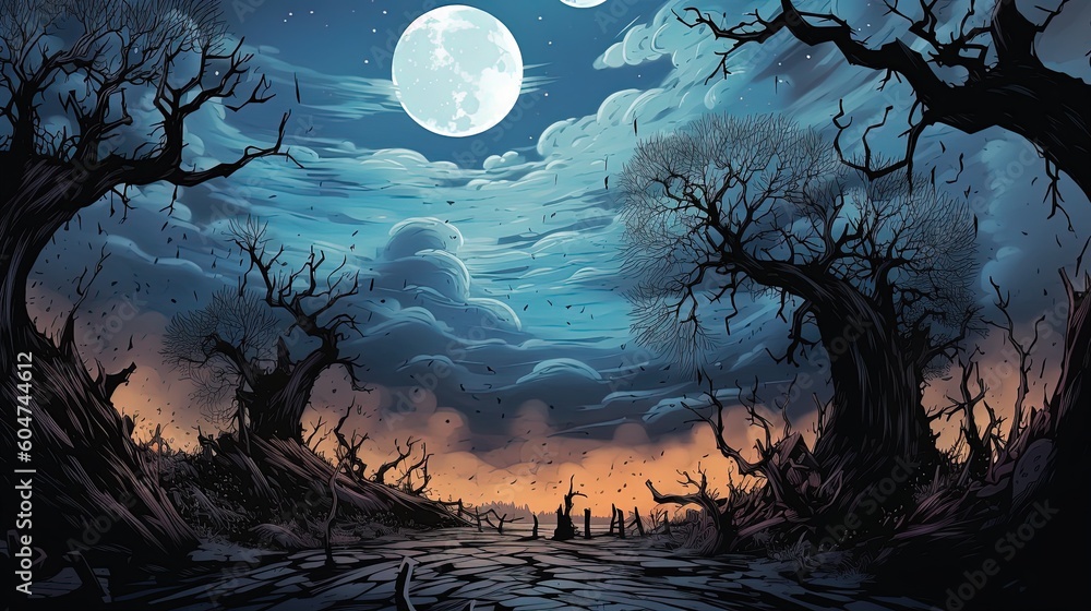 Wall mural a dark-fantasy landscape with towering, twisted trees and a full moon in the background. fantasy con