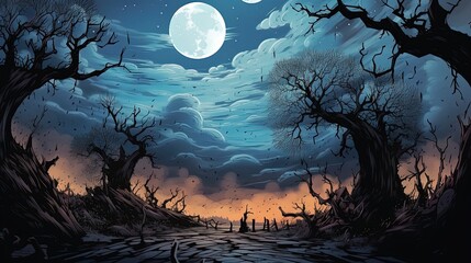 A dark-fantasy landscape with towering, twisted trees and a full moon in the background. Fantasy concept , Illustration painting. Generative AI - obrazy, fototapety, plakaty