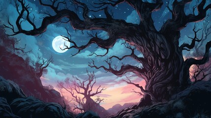 A dark-fantasy landscape with towering, twisted trees and a full moon in the background. Fantasy concept , Illustration painting. Generative AI