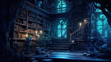 A dark-fantasy library with forbidden books and dark magic. Fantasy concept , Illustration painting. Generative AI