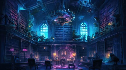 A dark-fantasy library with forbidden books and dark magic. Fantasy concept , Illustration painting. Generative AI