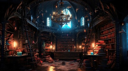 A dark-fantasy library with forbidden books and dark magic. Fantasy concept , Illustration painting. Generative AI - Powered by Adobe