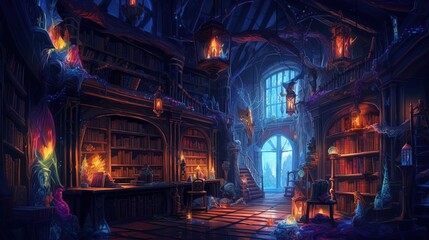 A dark-fantasy library with forbidden books and dark magic. Fantasy concept , Illustration painting. Generative AI