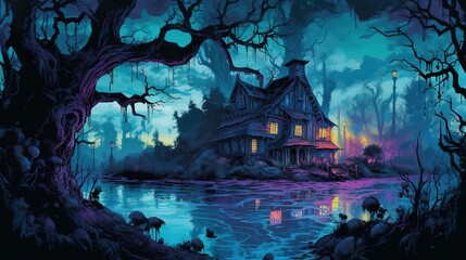 A dark-fantasy swamp with a haunted mansion and ghostly apparitions. Fantasy concept , Illustration painting. Generative AI - obrazy, fototapety, plakaty