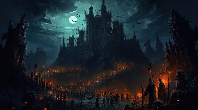 A dark-fantasy fortress with an army of undead soldiers. Fantasy concept , Illustration painting. Generative AI
