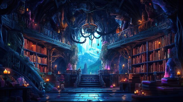 A dark-fantasy library with forbidden books and dark magic. Fantasy concept , Illustration painting. Generative AI
