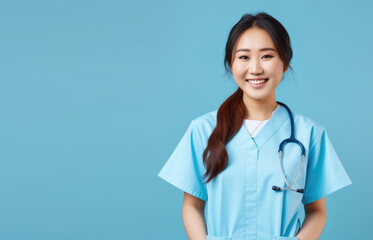  Caring Medical Professional. Experience the warmth and expertise of a smiling Chinese female doctor, isolated on a soothing blue pastel light background. Copy space. Health and wellness AI Generative