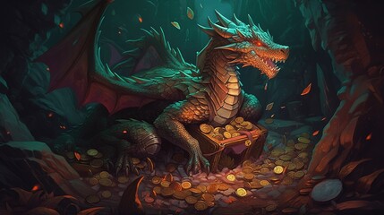 A dragon protecting its treasure hoard. Fantasy concept , Illustration painting. Generative AI