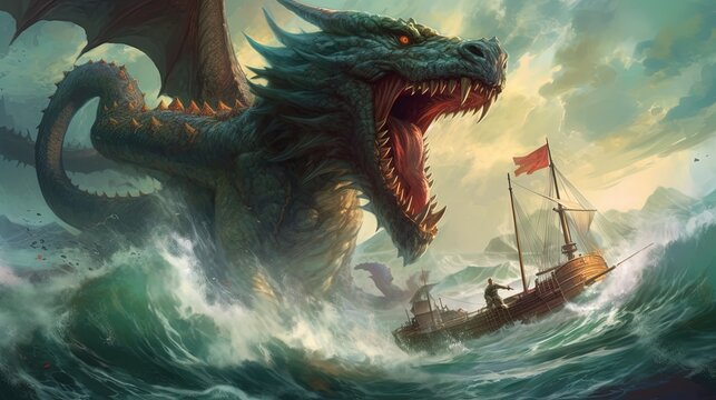 A giant dragon monster is attacking a ship in the ocean. Fantasy concept , Illustration painting. Generative AI