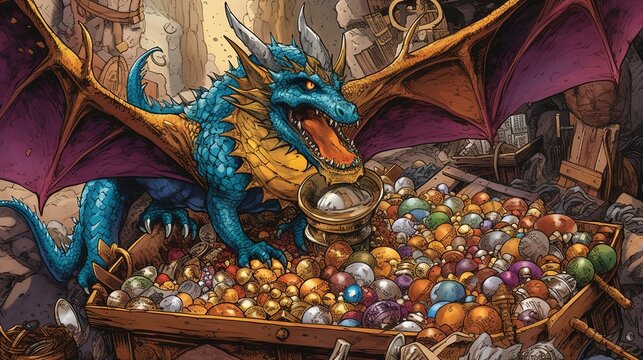 A dragon guarding a treasure hoard. Fantasy concept , Illustration painting. Generative AI