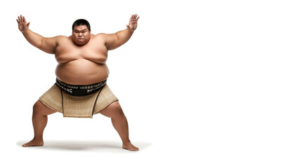 Powerful Sumo Artistry. Witness the grace and strength of a sumo fighter performing poses, isolated on a pristine white background. Copy space. Martial arts excellence AI Generative - obrazy, fototapety, plakaty