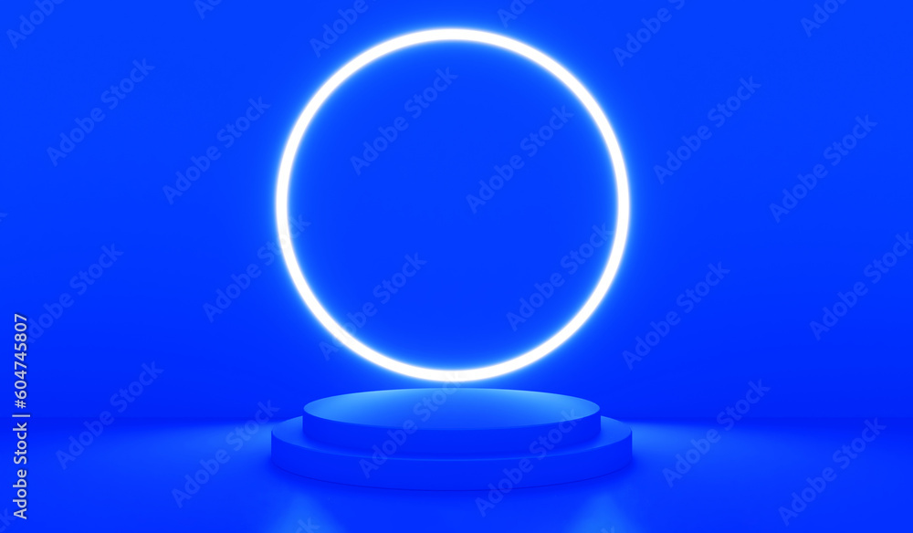 Poster blue realistic 3d cylinder stand podium with glowing neon in circle shape. abstract 3d rendering ren