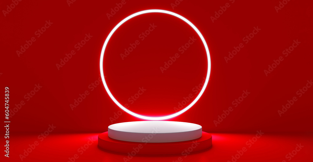 Poster red realistic 3d cylinder stand podium with glowing white neon in circle shape. abstract 3d renderin