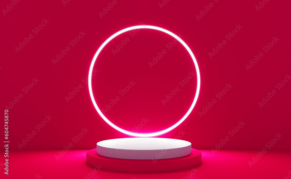 Poster red realistic 3d cylinder stand podium with glowing white neon in circle shape. abstract 3d renderin