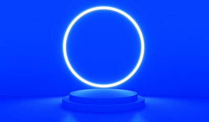 Blue realistic 3d cylinder stand podium with glowing neon in circle shape. Abstract 3D Rendering rendering geometric forms. Minimal scene. Stage showcase, Mockup product display.