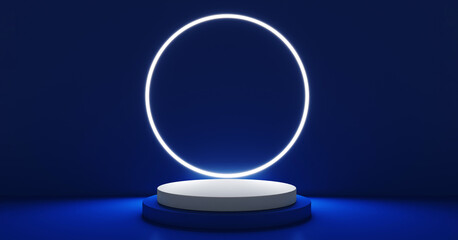 Blue realistic 3d cylinder stand podium with glowing blue neon in circle shape. Abstract 3D Rendering geometric forms. Minimal scene. Stage showcase, Mockup product display.
