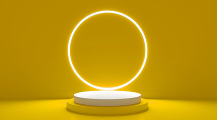 Yellow realistic 3d cylinder stand podium with glowing yellow neon in circle shape. Abstract 3D Rendering geometric forms. Minimal scene. Stage showcase, Mockup product display.