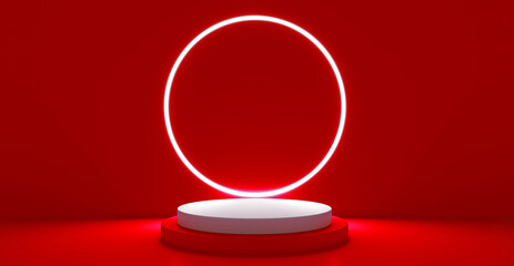 Red realistic 3d cylinder stand podium with glowing white neon in circle shape. Abstract 3D Rendering geometric forms. Minimal scene. Stage showcase, Mockup product display.