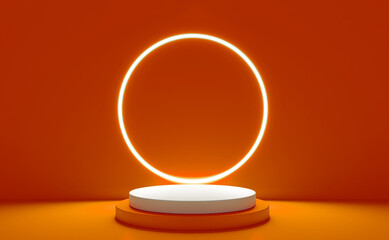 Orange realistic 3d cylinder stand podium with glowing neon in circle shape. Abstract 3D Rendering rendering geometric forms. Minimal scene. Stage showcase, Mockup product display.